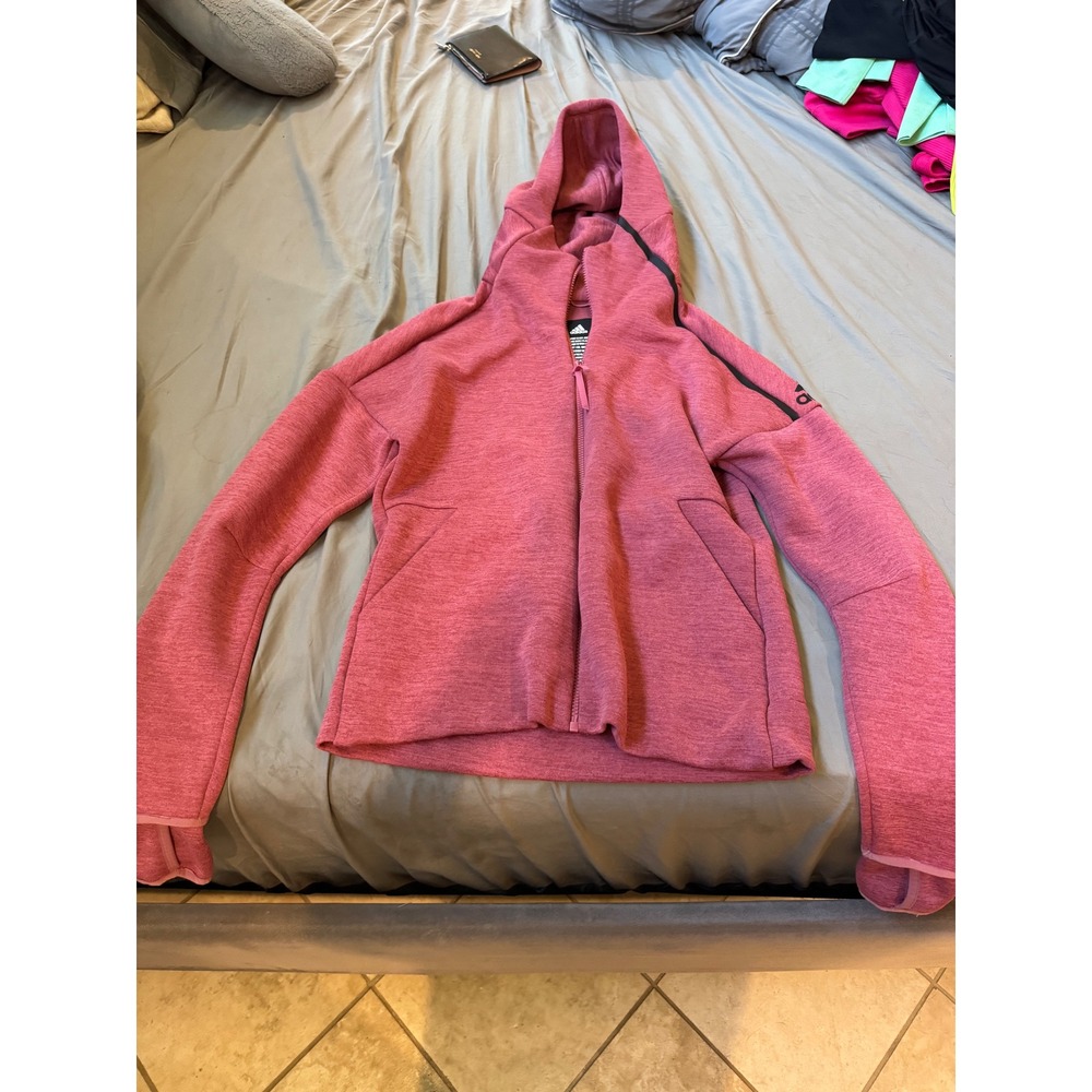 Adidas ZNE Full Zip Hoodie Womens Small Pink Heathered Knit Sweatshirt Logo